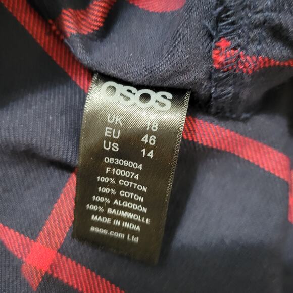 ASOS Curve Plaid Blouse Womens 14 Blue Red Faux Wrap Bell Sleeve Academia - Picture 8 of 9